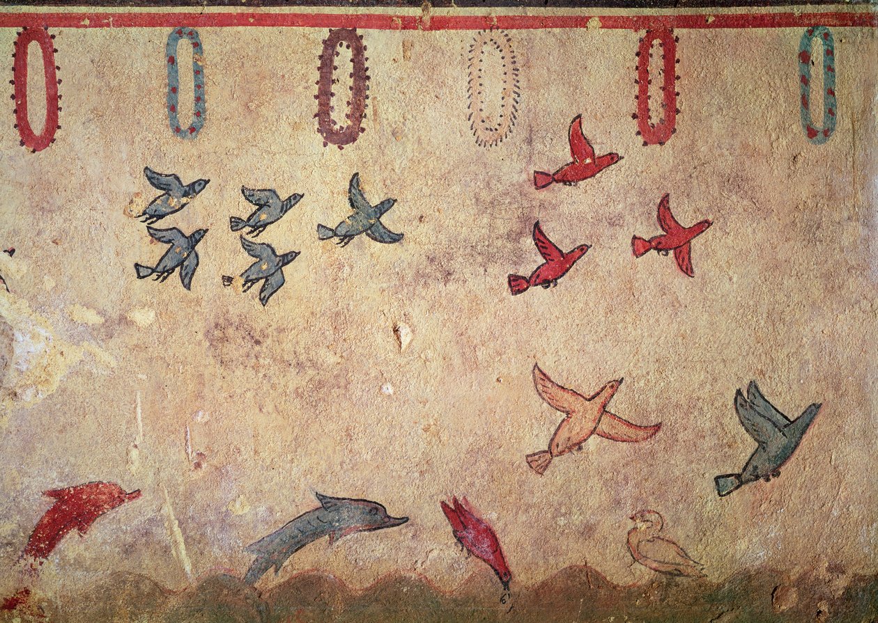 狩猟と釣りの墓からの水生鳥と跳躍イルカ、紀元前520-10年頃（壁画） 作： エトルリア語