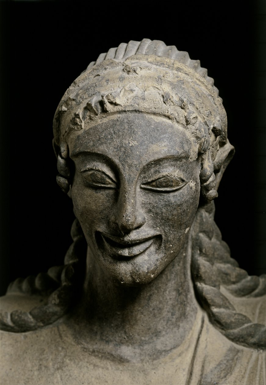 エトルリア美術：アポロン（詳細）。前510-490年、ヴェイウスの聖域より（テラコッタ製） 作： エトルリア語