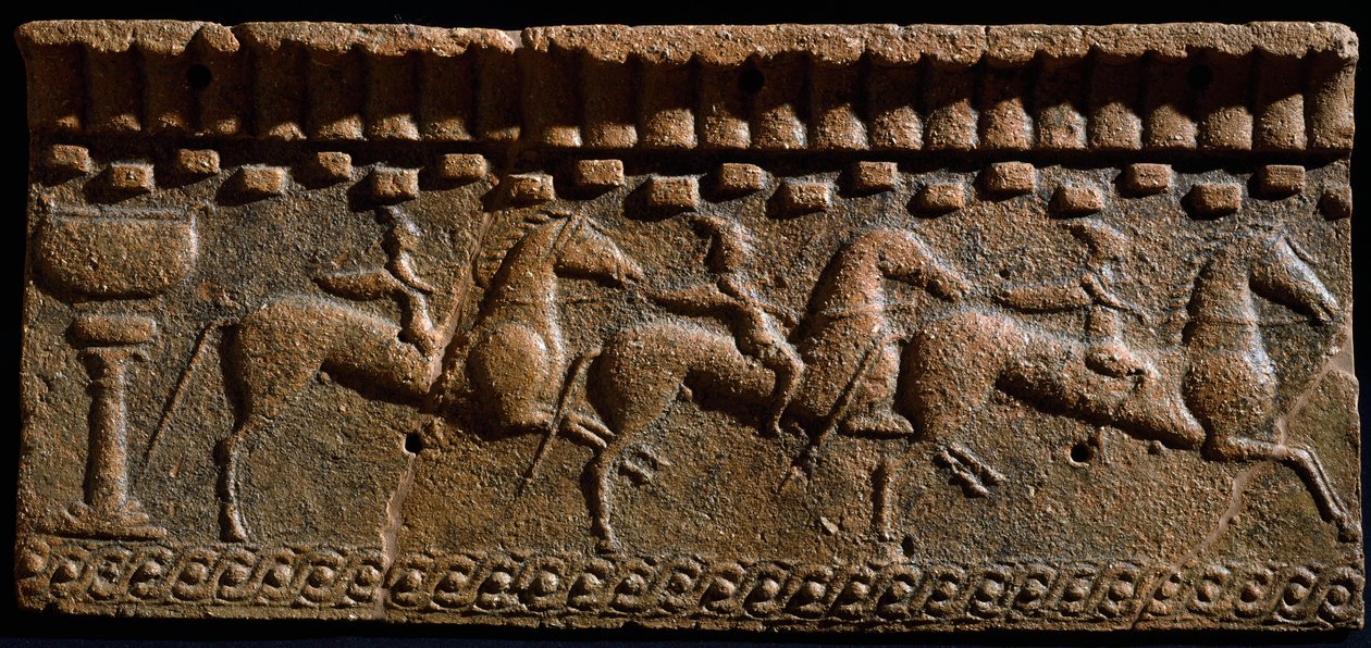 エトルリア美術：ムルロの建築アンサンブルの騎士のフリーズ装飾。紀元前6世紀。イタリア、ムルロ、市立古代博物館 作： エトルリア語