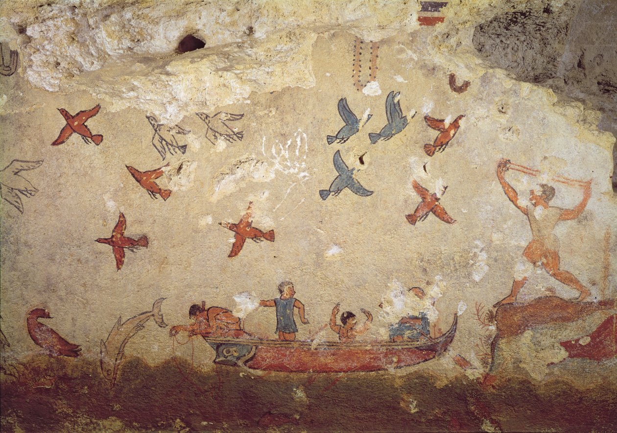 釣りと狩猟の墓から、船と鳥が飛ぶ漁師、紀元前520〜510年頃（壁画） 作： エトルリア語