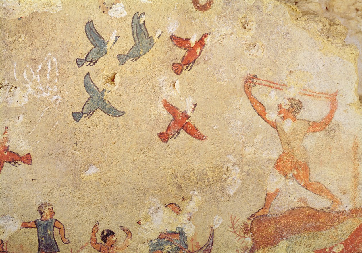 狩猟と釣りの墓からの鳥の狩人、紀元前520-10年頃（壁画） 作： エトルリア語