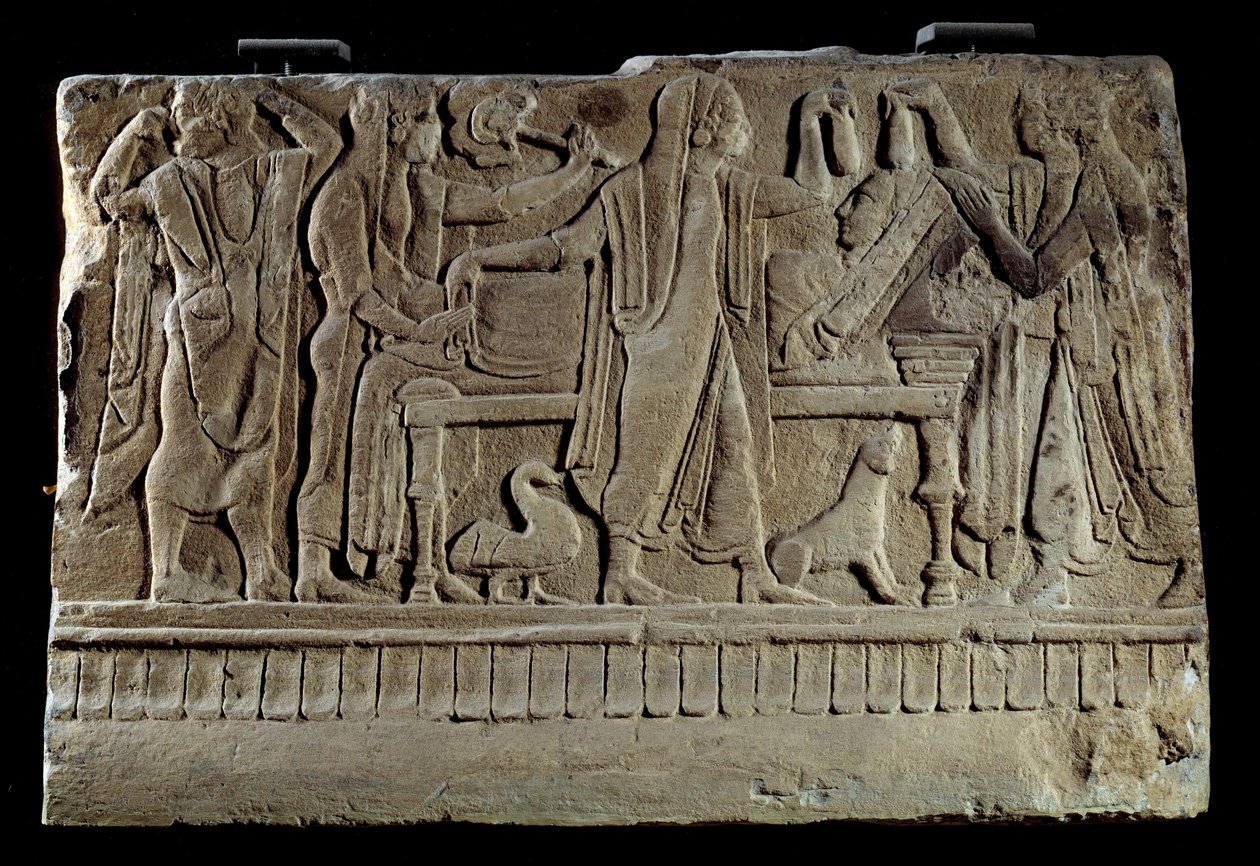 Etrusque Antiquite:葬儀用のシッペのプラーク。葬儀用ベッドでの故人の展示。パリ、ルーヴル美術館（Musee Du Louvre 作： エトルリア語エトルリア語