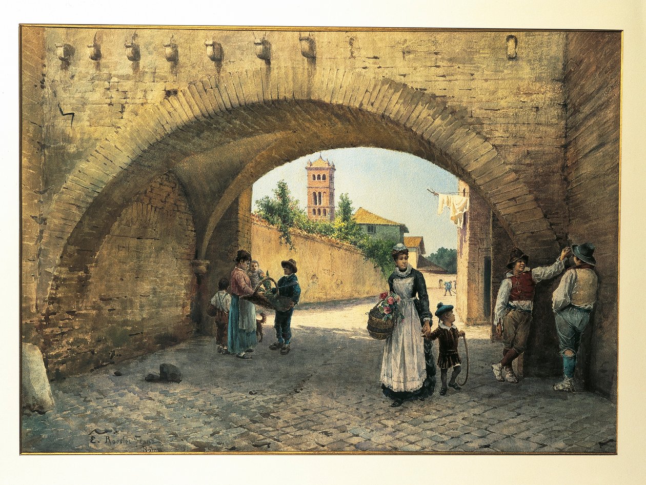 イタリア、ローマ、トロメイのアーチ（Ettore Roesler Franz作）、水彩画 作： エットレ・レスラー・フランツ
