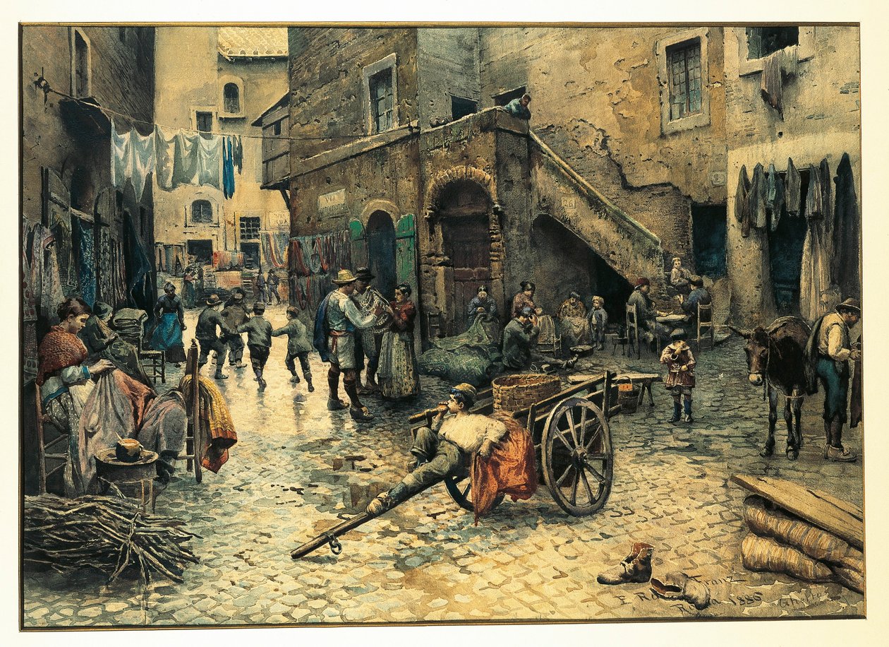 イタリア、ローマ、Ettore Roesler Franzによるローマの（ユダヤ人）ゲットーのカポッチュート通りのストリートライフ、水彩画 作： エットレ・レスラー・フランツ