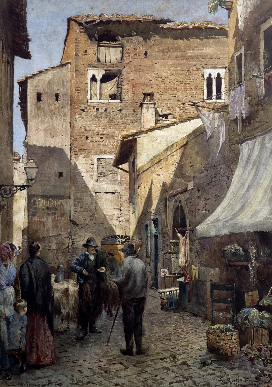 ピエルレオーニのローマの古い家々、エットーレ・ロスラー・フランツ（1845-1907）の水彩画、イタリア 作： エットレ・レスラー・フランツ