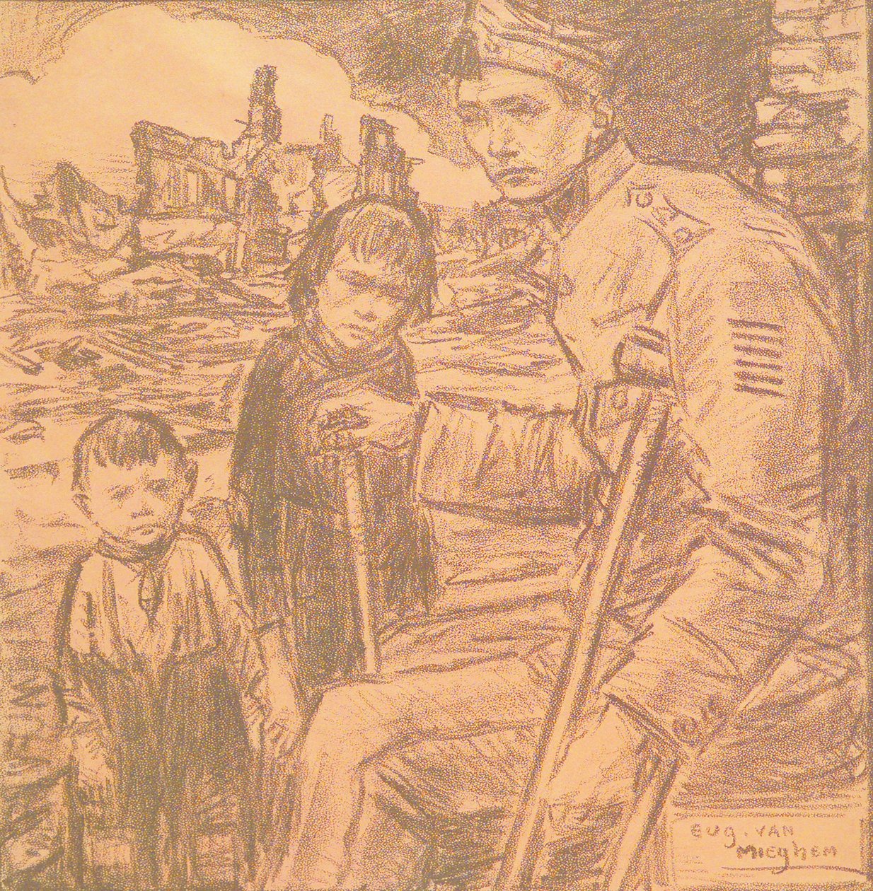 子どもたちといる傷痍軍人 作： ユーゲン・ヴァン・ミーゲム