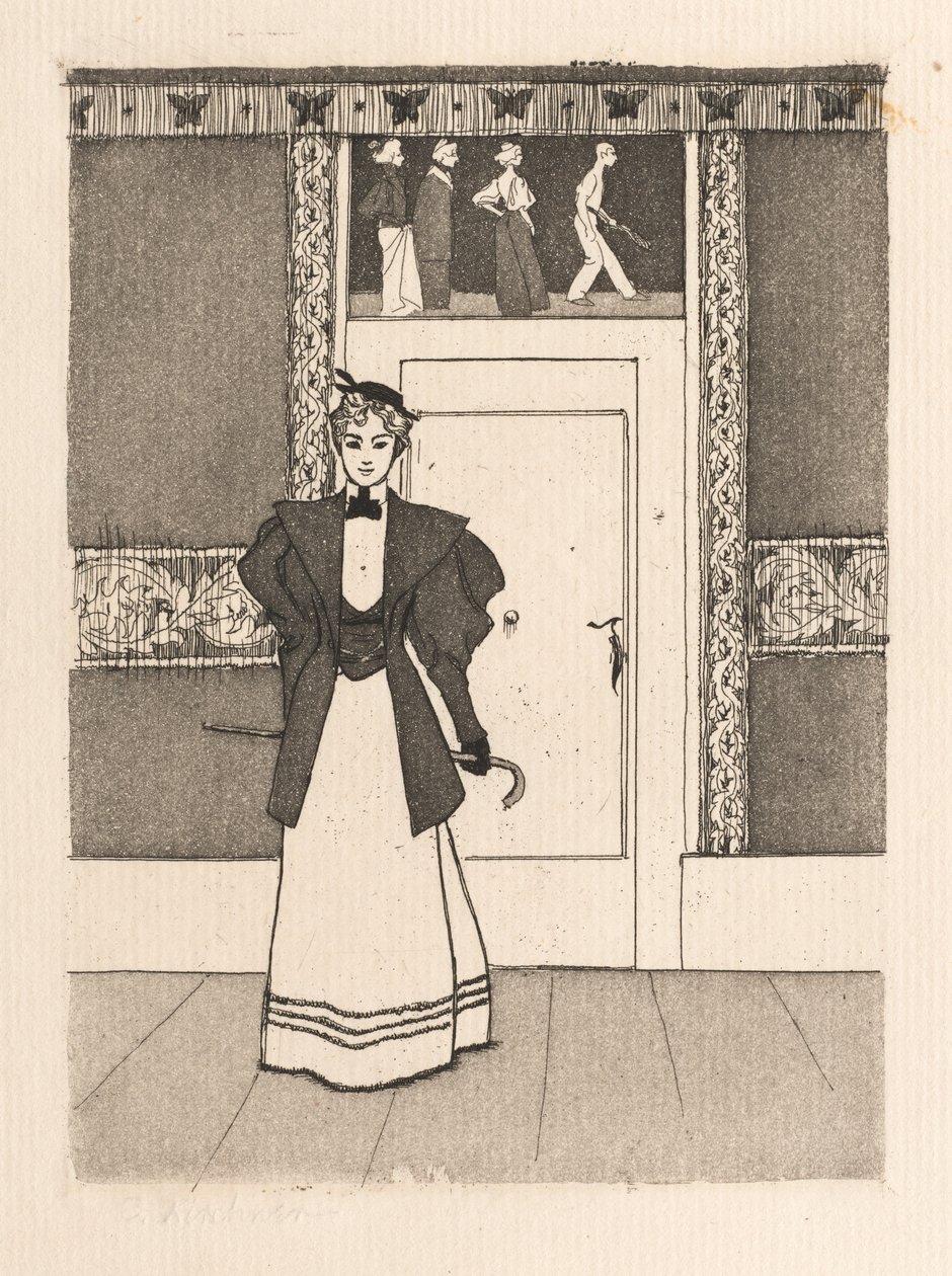 ウォーキングコスチュームの若い女性とのインテリア、1895年。 作： オイゲン・キルヒナー