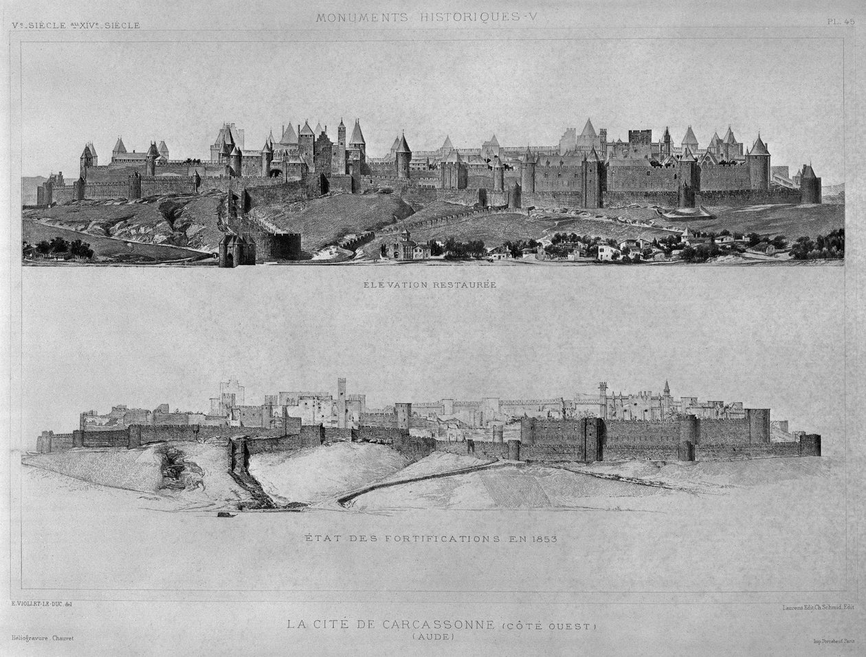 西側からのカルカソンヌの眺め、要塞の状態、1853年の都市、ローレンスエシュミット編集者による「モニュメントヒストリック」のイラスト 作： Eugene Emmanuel Viollet le Duc