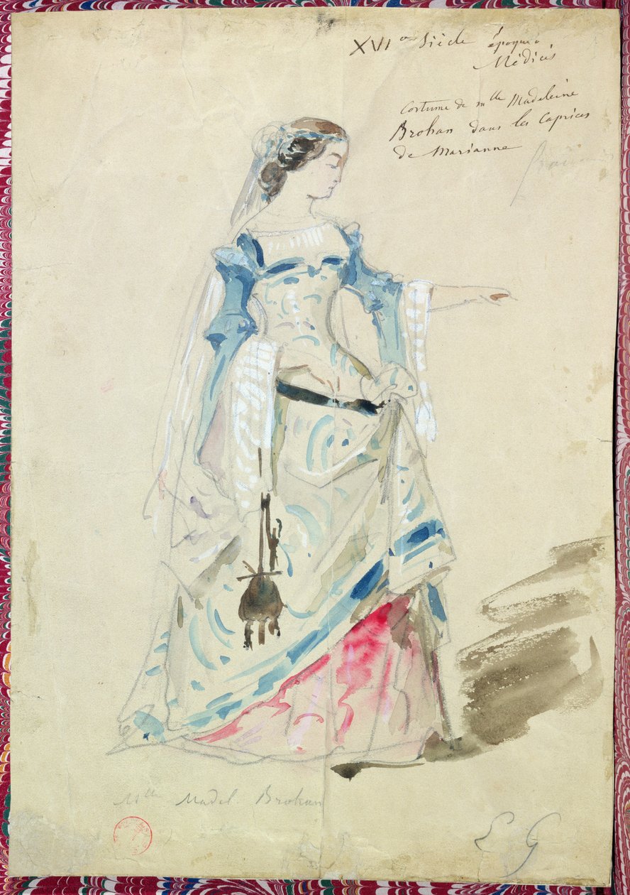 アルフレッド・ド・ムッセ（1810-57）1851年の「レ・カプリス・ド・マリアンヌ」におけるマリアンヌの役割のためのムレ・マドレーヌ・ブロアン（1833-1900）の衣装デザイン 作： ピエール・フランソワ・ウジェーヌ・ジロー