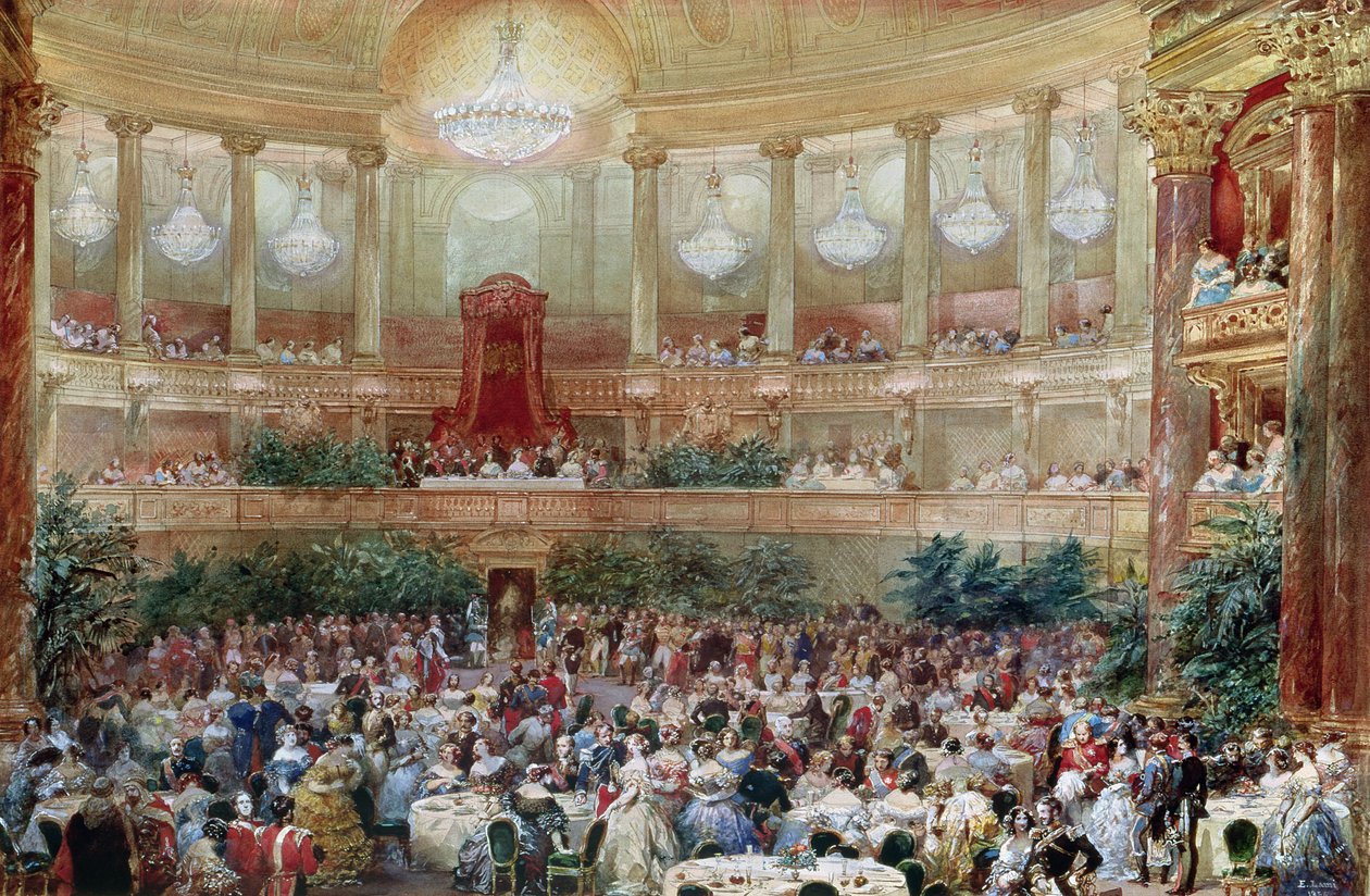 1854年、ヴェルサイユ宮殿の光景でのディナー 作： ユージン・ルイ・ラミ