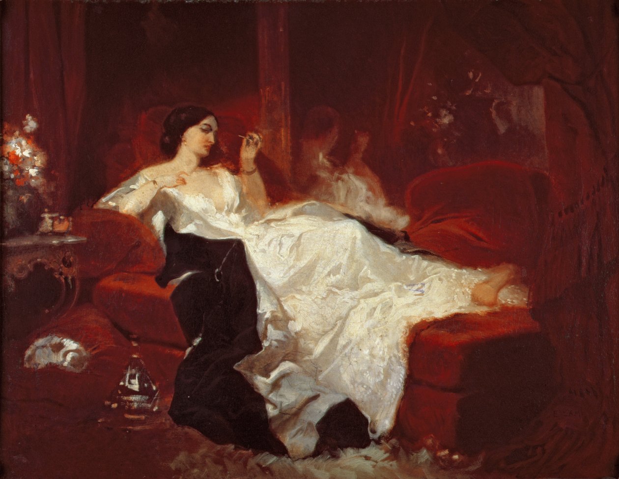 赤いソファの上の女性 作： ユージン・ルイ・ラミ