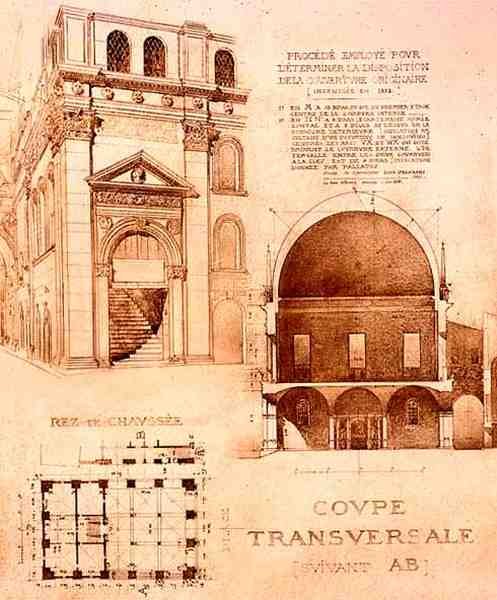 ジュール・アドルフ・ショーヴェ(b.1828)作「中世およびルネサンス建築の断片」より、イタリア・ブレシアのパラッツォ・デル・コミューン（ロッジア）の平面図、断面図、立面図（リトグラフ）。 作： ユージーン（後）デュケイン