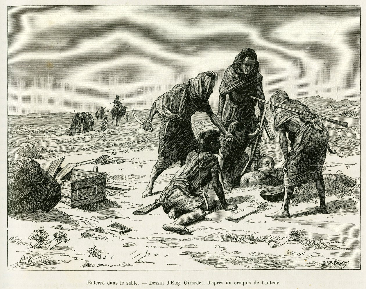 Begraben im Sand. Gravur von Eugene Girardet zur Illustration der Geschichte „Fünf Monate bei den nomadischen Mauren der westlichen Sahara“ von Camille Douls, veröffentlicht in Le Tour du monde 1888 von Eugene Alexis Girardet