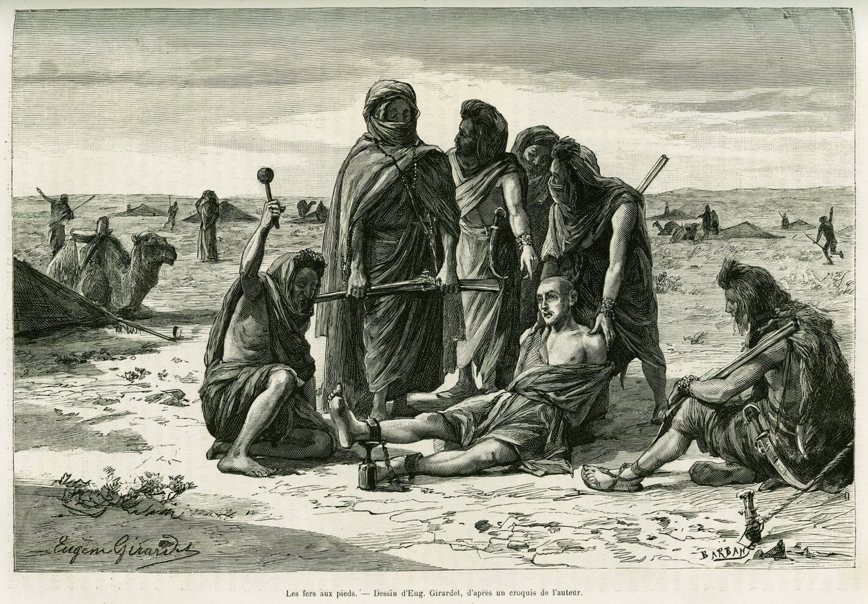 足の上のアイロン。1887年にカミーユ・ドゥールが書いた「Cinq mois chez les moures nomades du Sahara occidental」という物語を説明するためにウジェーヌ・ジラルデが描いたもので、1888年にエドゥアール・シャルトン（1807-1890）の指揮の下、le tour du mondeに収録されている。 作： ユージーン・アレクシス・ジラルデ