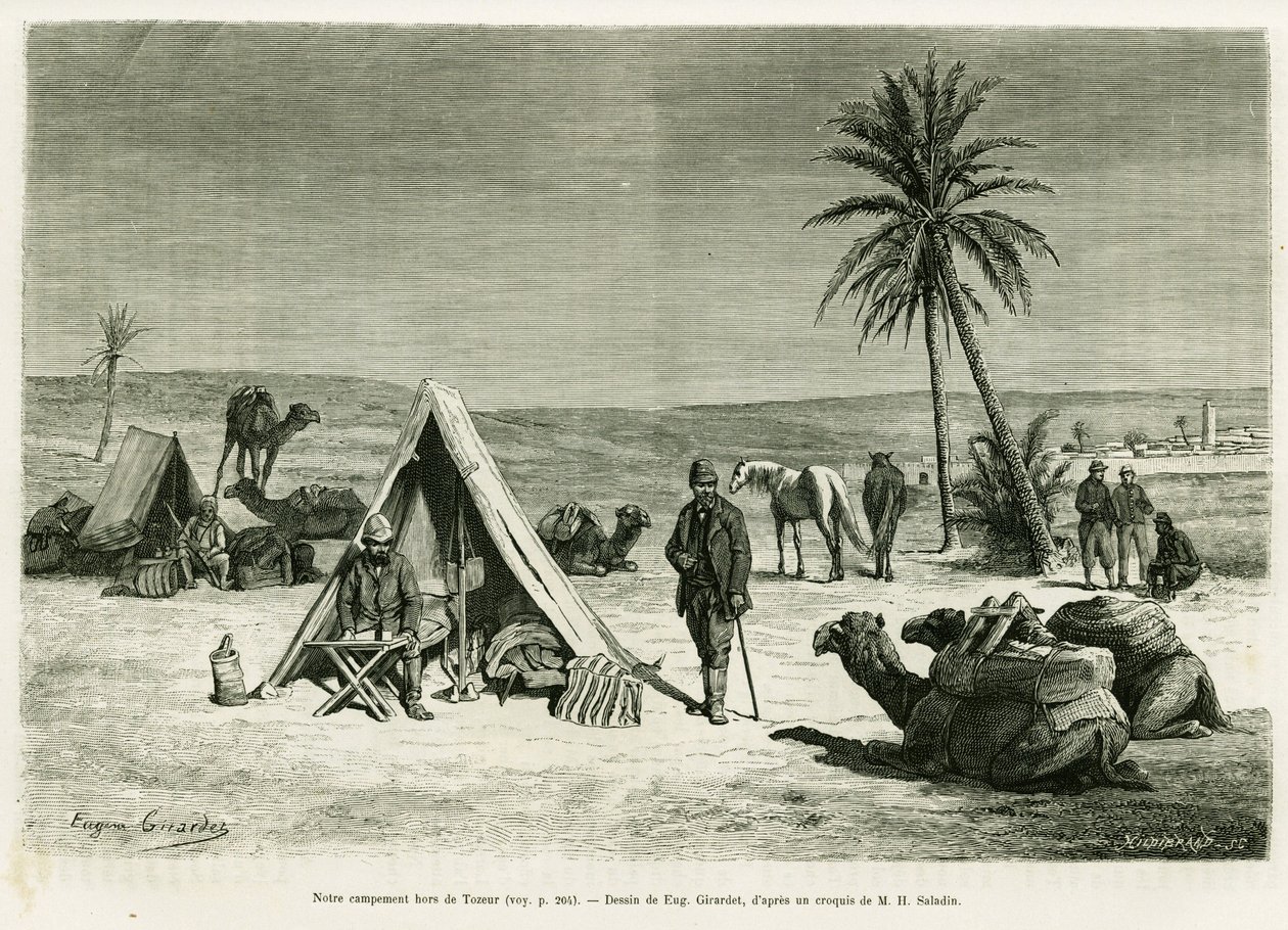 トズール近辺の旅人のキャンプ。R.CagnatとH.Saladinによる「Voyage en Tunisie」（1886年のle tour du monde、Edouard Charton(1807-1890)監督作品）の挿絵として、Eugene Girardetが描いたもの。 作： ユージーン・アレクシス・ジラルデ
