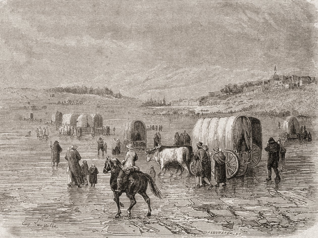 1860年代に西に向かうワゴン列車。ステファンパンネメーカー（1847-1930）によって彫刻されました。 作： ユージン・アントワーヌ・サミュエル・ラヴィエイユ