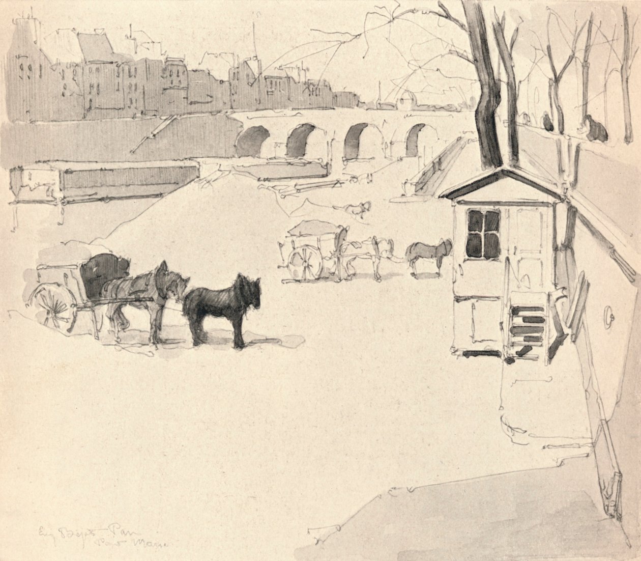 ポンマリー-馬と荷車、1915 作： ウジェーヌ・ビヨー
