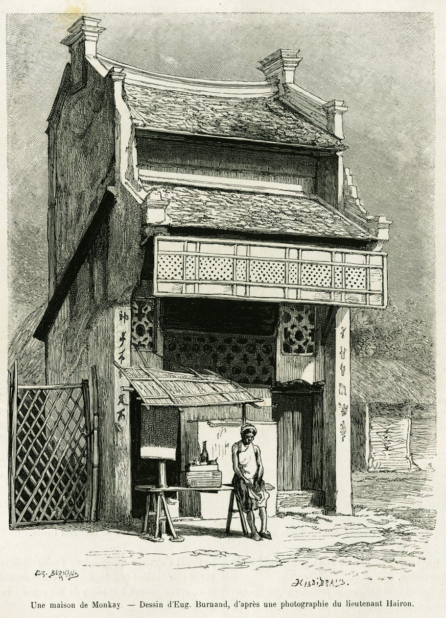 モンカイの家。エドゥアール・シャルトン（1807-1890）監督の『le tour du monde 1888』に収録されているP.Neiss医師の『Sur les frontières du Tonkin』の物語を説明するために、Eugene Burnandが描いた版画。 作： ユージンバーナン