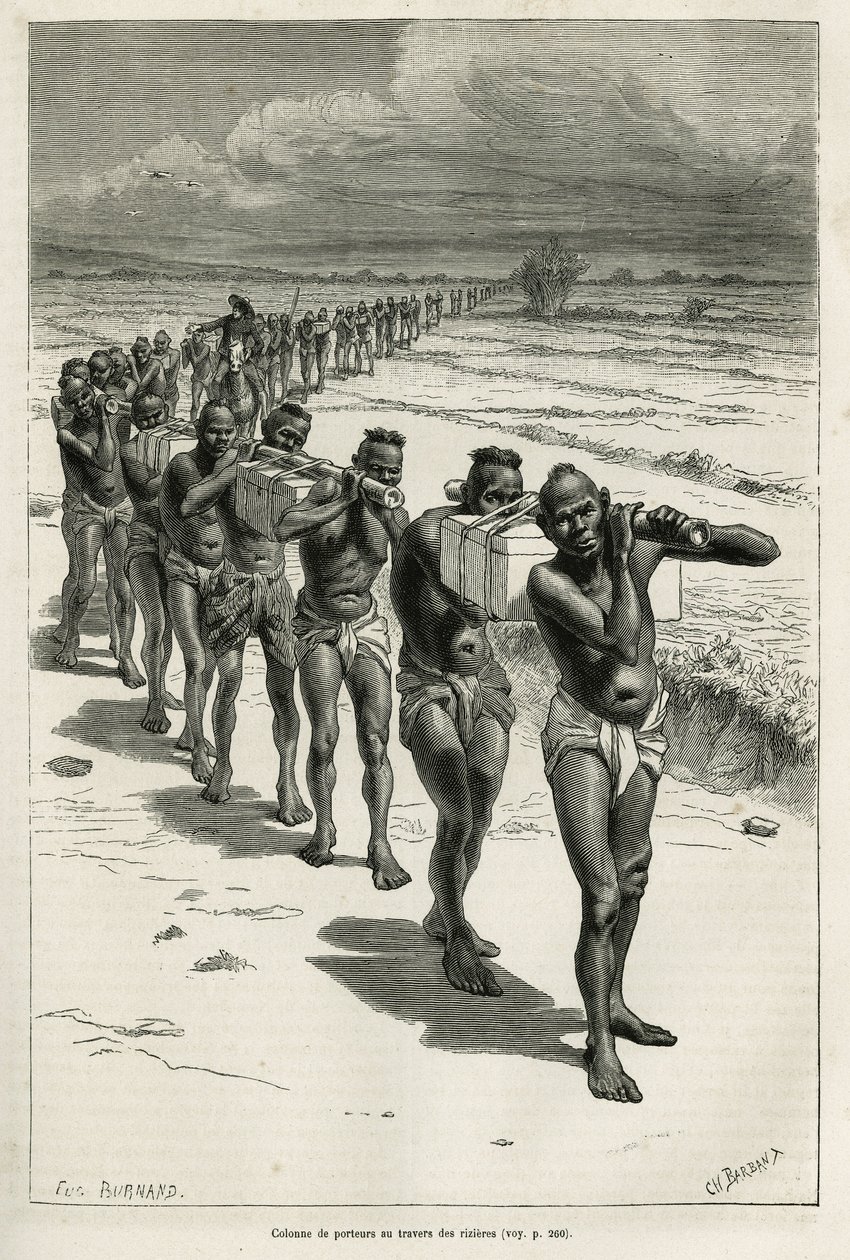 バサックとフエの間の水田を通る担ぎ手の列。1877年にハーマン博士が書いたラオスとインドシナの野生の人々についての物語を説明するために、ユージン・バーナンドが描いた絵をもとにエッチングしたもので、「tour du monde」誌に掲載された。 作： ユージンバーナン