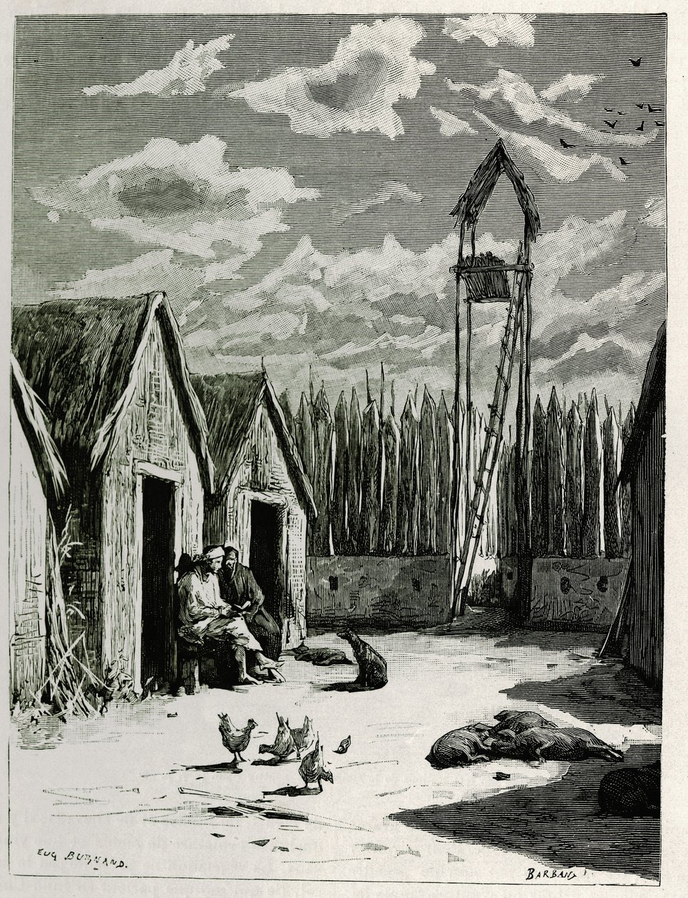 ミューオンガンの宣教師広場。P.Neis博士が1880年に発表した「上ラオスの旅」の挿絵として、Eugene Burnandが描いたもの。Le Tour du monde, nouveau journal des voyages, second semester 1885, edited by Edouard Charton (1807-1890), edに掲載。 作： ユージンバーナン