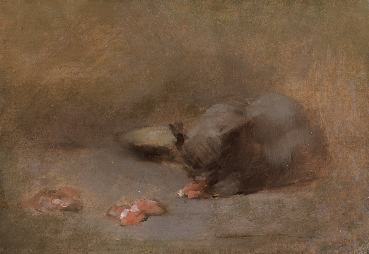 Chat Mangeant (ボードに置かれたキャンバスに油彩) 作： EugèneCarrière