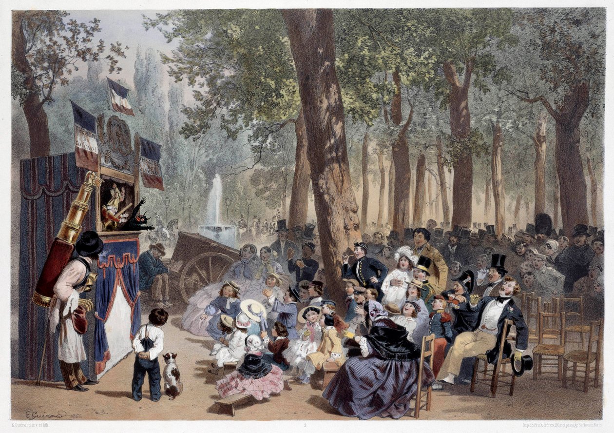 19世紀のパリ、シャンゼリゼ通りで行われたギニョールのショー。ユージン・ゲラール（1821-1866）の版画 19世紀 パリ、カルナヴァレ美術館 作： ユージン・チャールズ・フランソワ・ゲラール
