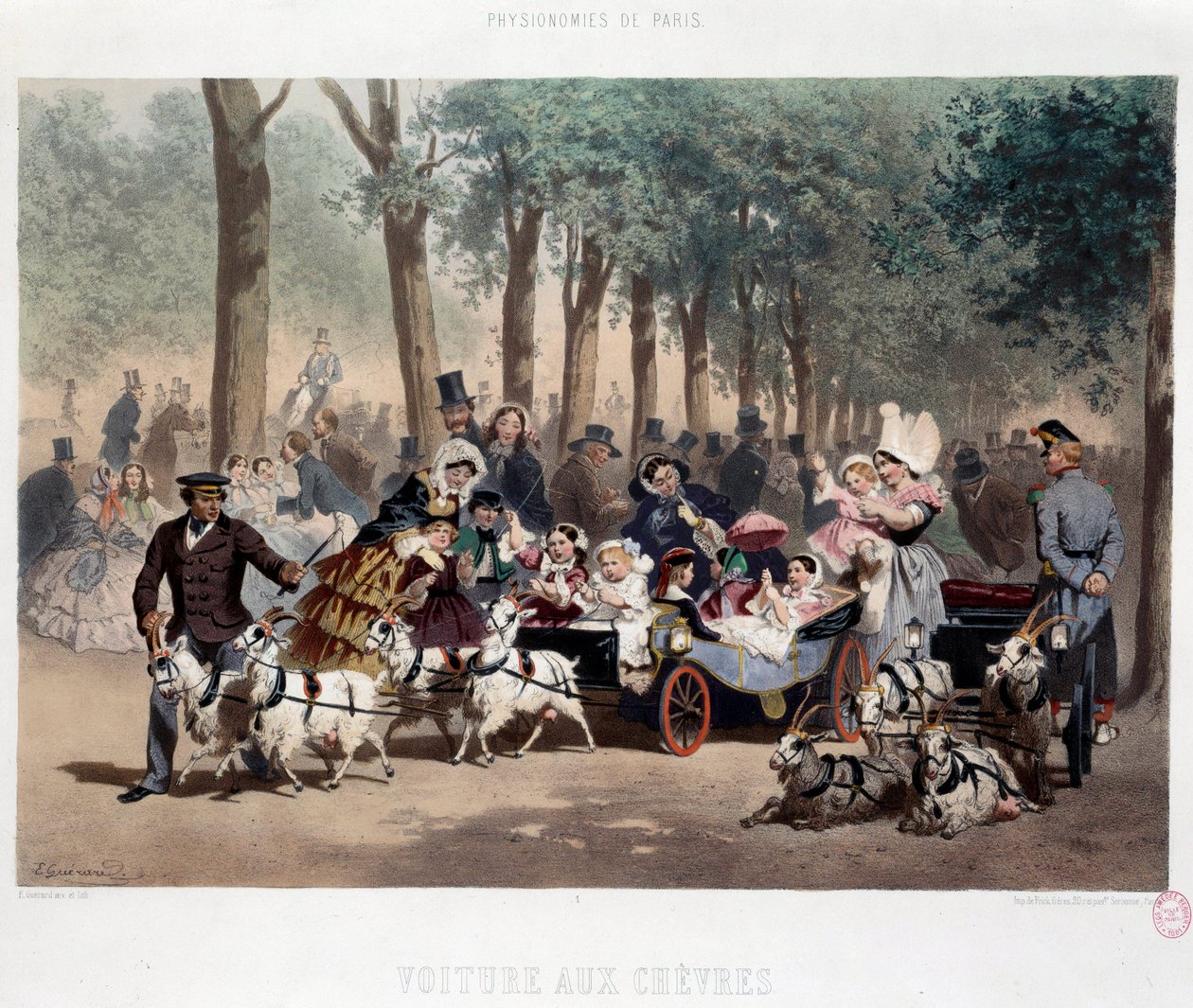 19世紀のパリ、チュイルリー公園を車で歩く ユージン・ゲラール（1821-1866）によるリトグラフ 19世紀 パリ、カルナヴァレ美術館 作： ユージン・チャールズ・フランソワ・ゲラール