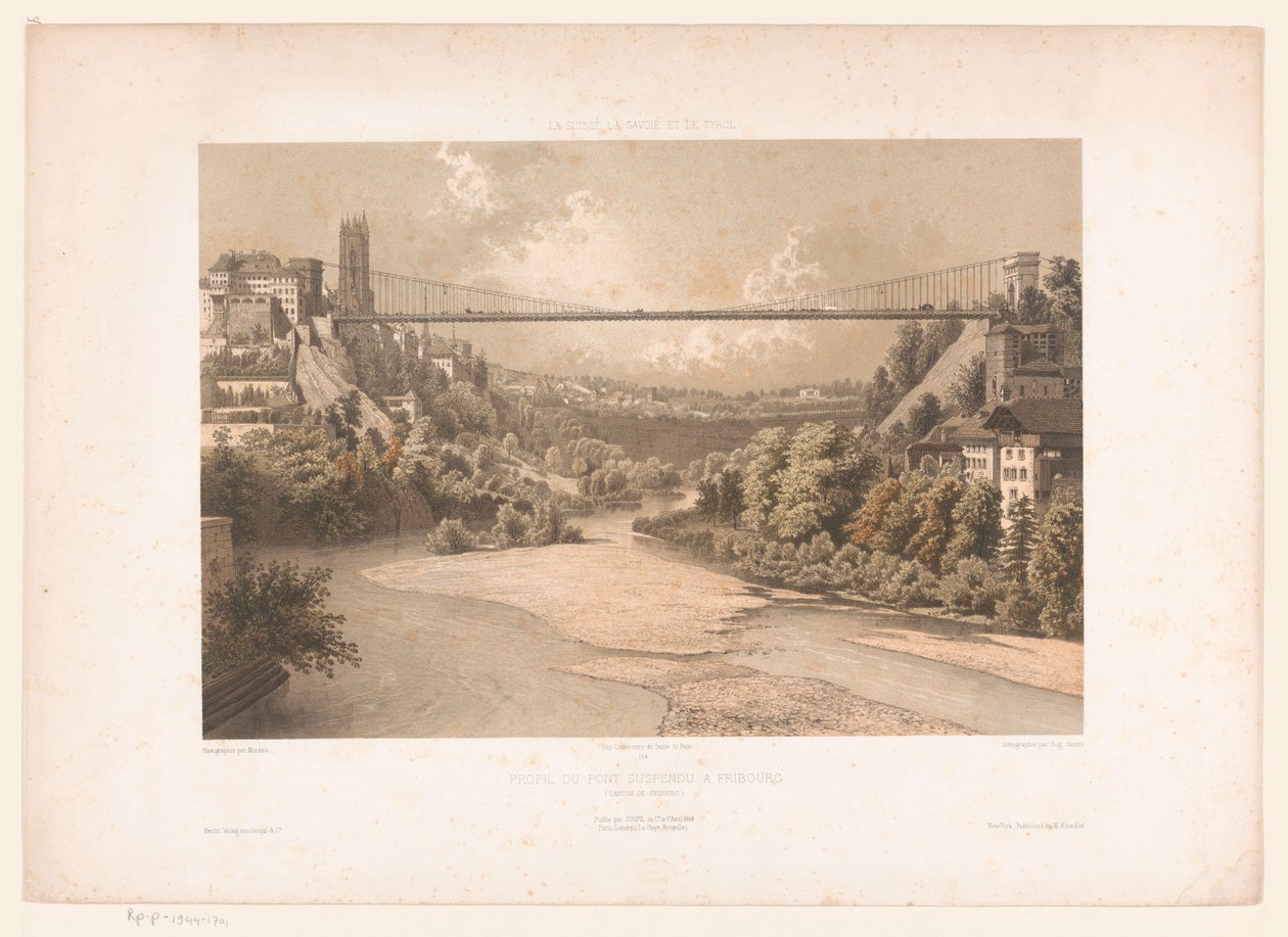 Gezicht op de hangbrug over de Sarine, te Fribourg スイス サボイとチロル / フリブール (フリブール州) の吊り橋のプロフィール (オブジェクトのタイトル) 作： ユージーン・シセリ