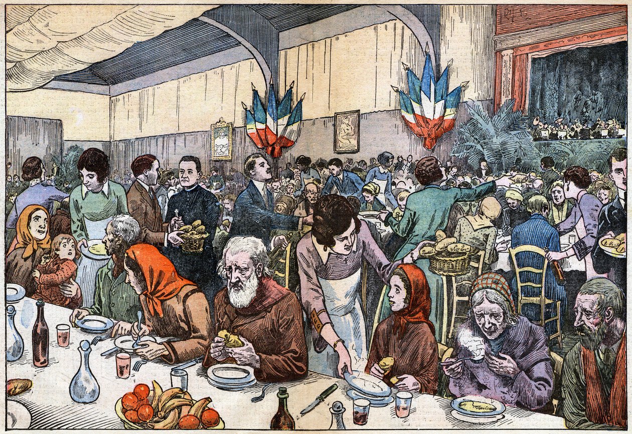 貧しい人々のための宴会（慈善事業-慈善委員会-カトリック救済-スープ-女性守護霊）。1927年のクリスマスの日、フェラーリ枢機卿（パリではアッベ・リヴォータが指揮を執った）は、貧しい人々のためのミサを行い、その後、2000個のカバーをかけた宴会を開いた。Dambによるドローイング 作： ユージンダンブランス