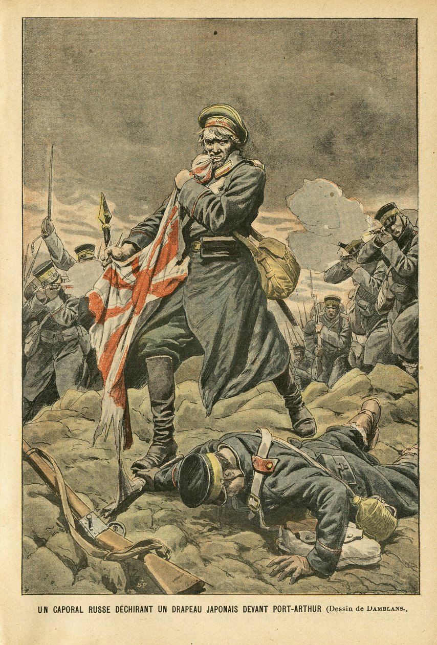Eugene Damblans (1865-1945)のイラスト（Le Pelerin, 01/01/05） - 旅順の前で日本の旗を引き裂くロシアの伍長 - ロシア, 日本, 旅順, 日露戦争, 戦闘, 小銃 - 兵士, 伍長 作： ユージンダンブランス