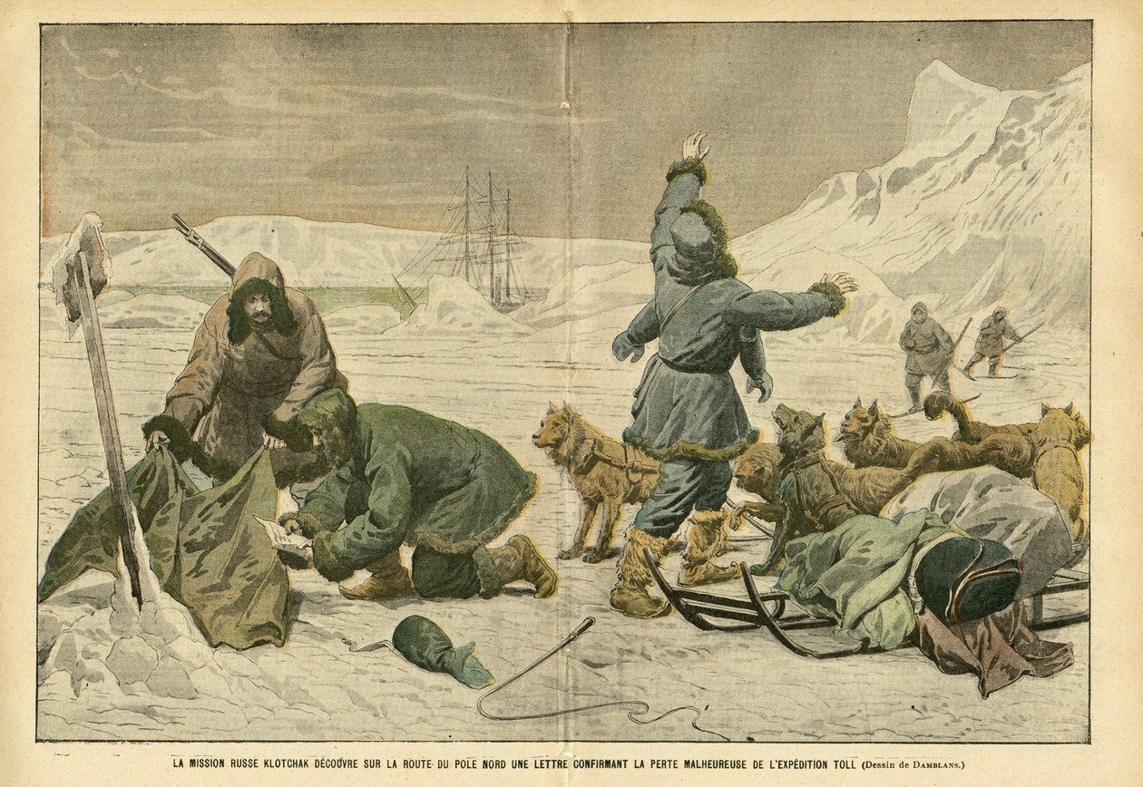 Le Pelerin, 02/04/05に掲載されたEugene Damblans (1865-1945)のイラスト - ロシアのミッションであるKlotchakが北極道で発見した、遠征隊の不幸な損失を確認する手紙 トール - 北極・南極、極地遠征、氷、スレッジ・トライ 作： ユージンダンブランス