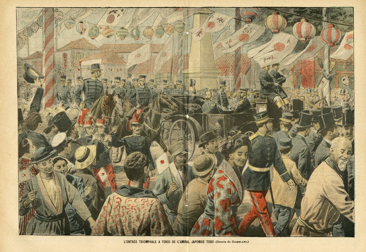 Le PelerinのEugene Damblans (1865-1945)のイラスト、05/11/05 - 日本の東郷元帥の東京への凱旋 - Armee, Japan, Crowd, Tokyo - Admiral, Togo Heihachiro (1848-1934), Civilians 作： ユージンダンブランス