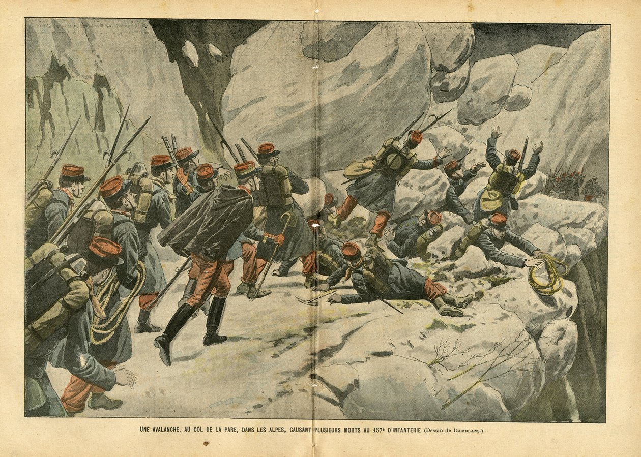 Eugene Damblans (1865-1945) のイラスト（Le Pelerin, 06/03/04） - アルプスのパレ峠で雪崩が発生し、歩兵第157連隊で数名の死者が出た - 様々な事実, 軍隊, 山岳 登山, 歩兵, アルプス, 雪崩 - 兵士 作： ユージンダンブランス