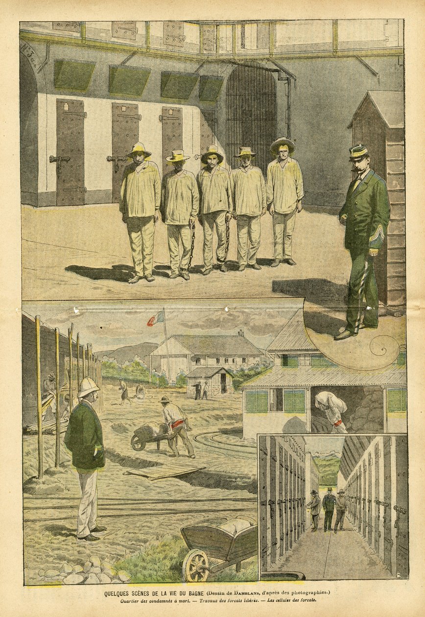 Eugene Damblans (1865-1945)のイラスト（Le Pelerin, 07/05/05） - バッグンの生活からのいくつかのシーン - 刑務所、バッグン、労働力 - 囚人、刑務官 作： ユージンダンブランス