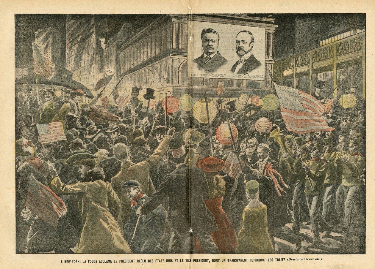 Le Pelerin誌に掲載されたEugene Damblans (1865-1945)のイラスト、2004年11月20日 - ニューヨークでは、再選されたアメリカ大統領と副大統領に群衆が喝采を送っており、その透明なものは特徴を再現している - アメリカ アメリカ, 選挙, 建築 Urbani 作： ユージンダンブランス