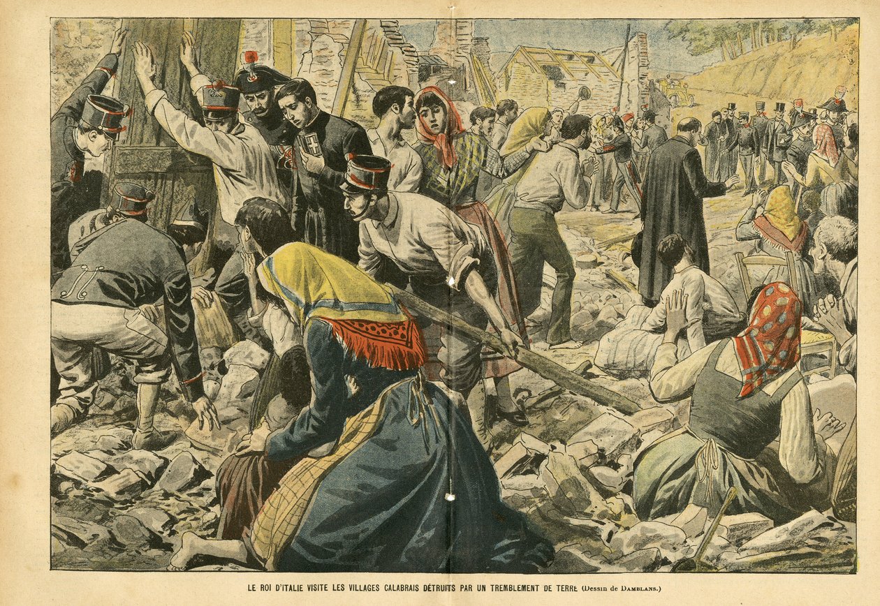 Eugene Damblans (1865-1945)のイラスト（Le Pelerin, 24/09/05） - イタリア国王が地震で破壊されたカラブリアの村を訪問 - 雑学, イタリア, 建築 都市計画, 破壊 建造物, 自然災害, 地震, カラブリア - 作： ユージンダンブランス