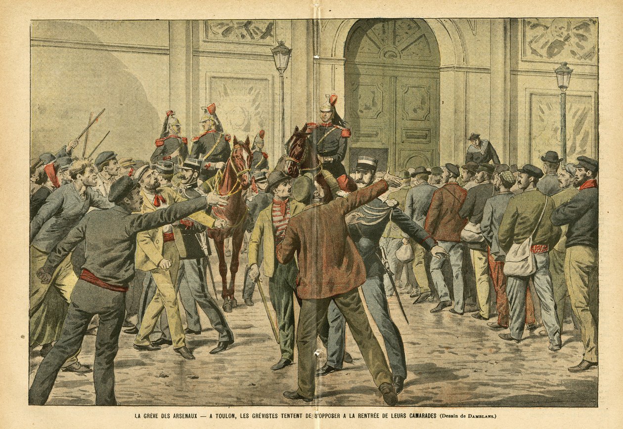 Eugene Damblans (1865-1945)のイラスト（Le Pelerin, 26/11/05） - The strike of arsenals トゥーロンでは、グレヴィストたちが同志の家賃に反対しようとしている - Social, Greve, Architecture Urbanism, Maritime Marine Nautical Balneaire, Toulon, Arsenal ar 作： ユージンダンブランス