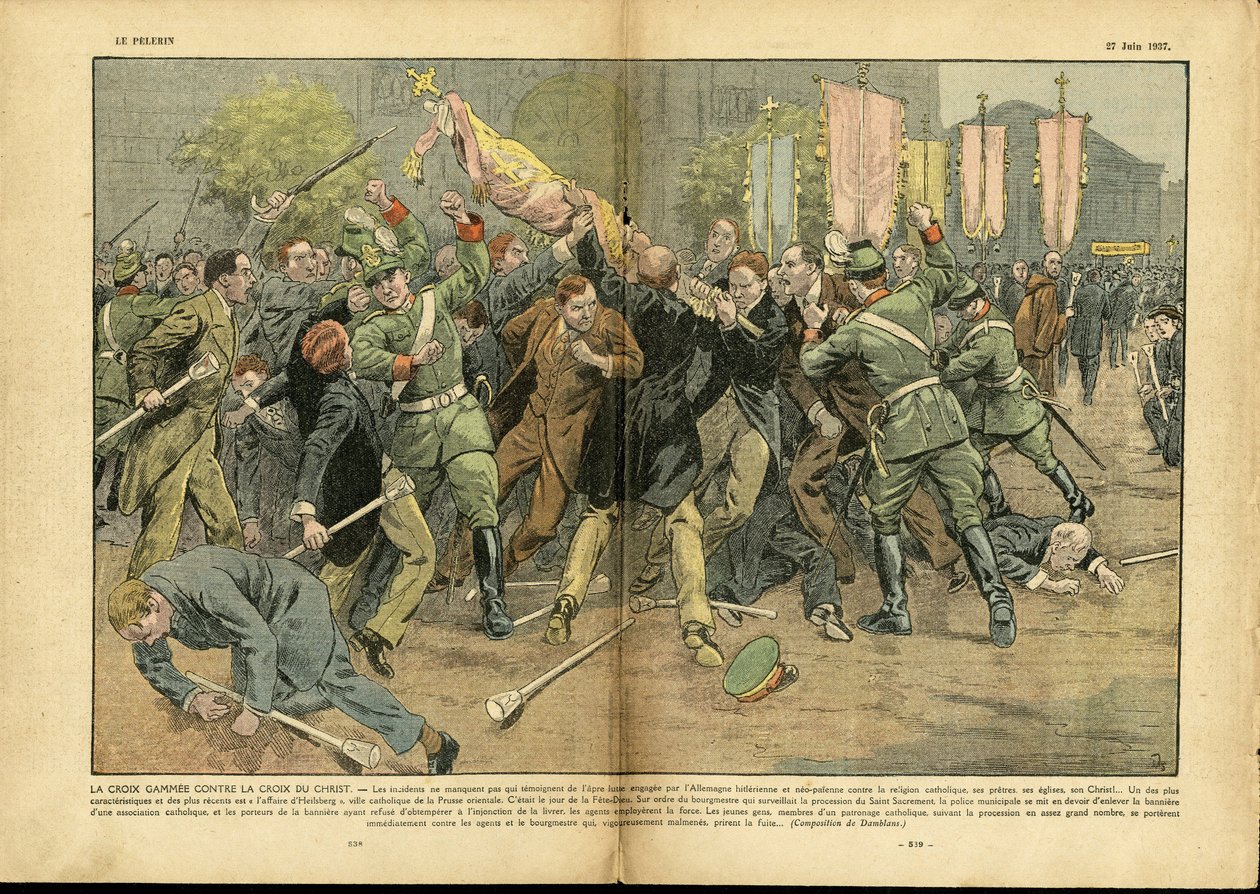 Eugene Damblans (1865-1945)のイラスト（Le Pelerin, 27/06/37） - ヒトラードイツのキリストの十字架に対するガンミの十字架 - ドイツ プロイセン, 宗教 信仰, 群衆, 戦い, 正しい, ガンミの十字架, キリストの十字架, カトリック カトリシズム - 売約済み 作： ユージンダンブランス
