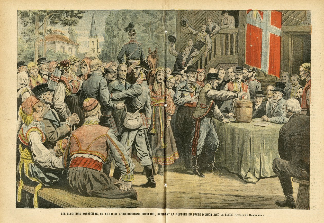 Eugene Damblans (1865-1945) のイラスト（Le Pelerin, 27/08/05） - 大衆の熱狂の中で行われたノルウェーの選挙は、スウェーデンとの連合協定の破棄を批准した - 選挙, 都市建築, 群衆, スウェーデン, ノルウェー - Urn 作： ユージンダンブランス
