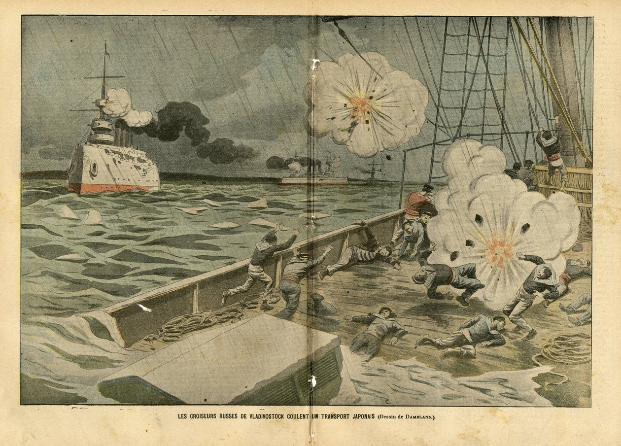 Eugene Damblans (1865-1945)のイラスト（Le Pelerin, 28/02/04） - Vladivostokのロシア巡洋艦が日本の輸送船を沈める - Armee, Maritime Marine Seaside, 日露戦争, Warships, Vladivostok - Sailors, sailors 作： ユージンダンブランス