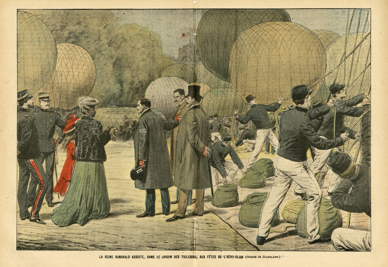 Eugene Damblans (1865-1945) のイラスト、Le Pelerin, 29/10/05 - ラナバロ王妃、チュイルリー庭園での航空クラブのパーティに出席 - 気球 飛行船 ゼッペリン エアロステーション, パリ, マダガスカル, 公共の庭園, 外国の主権者, チュイルリー - ラナバロ 作： ユージンダンブランス