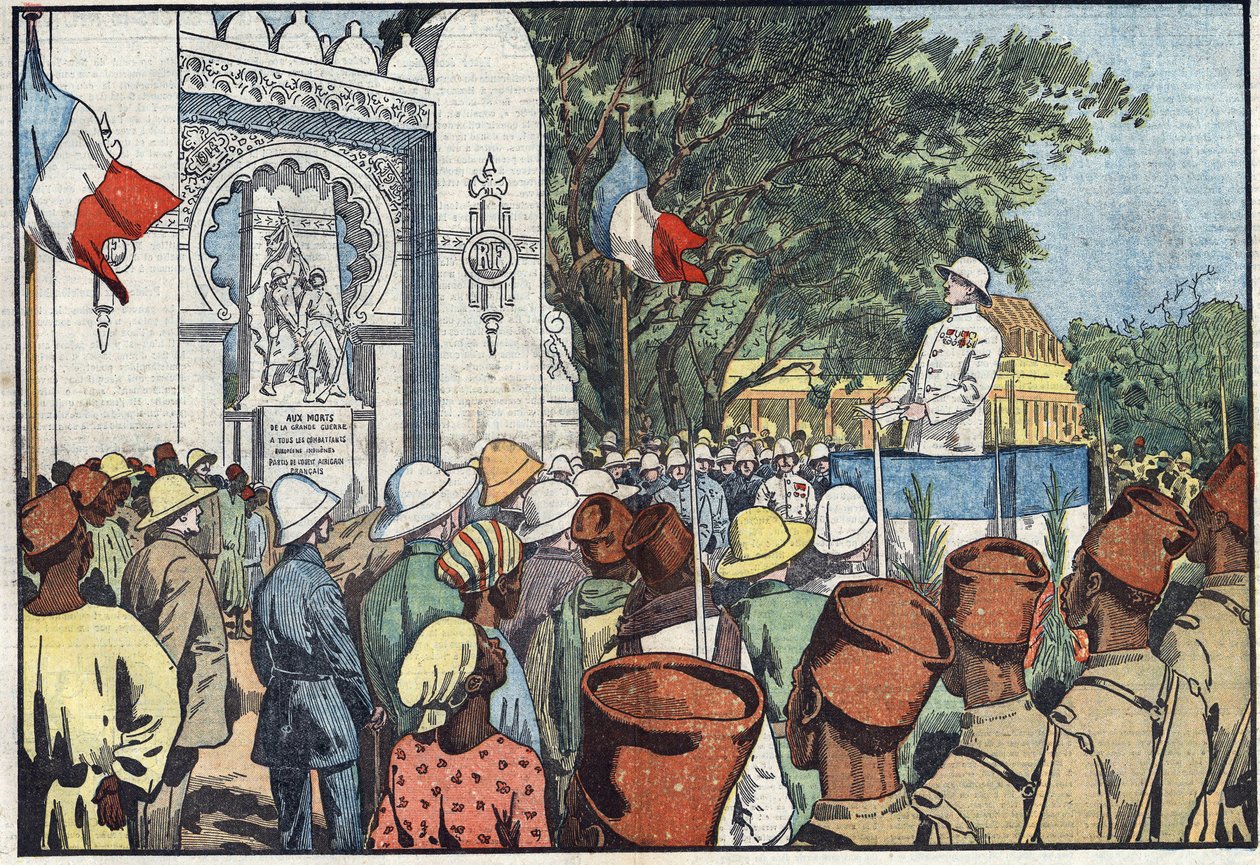 植民地大臣アンドレ・マジノ（1877-1932）による、フランス領西アフリカの3万人の死者のための記念碑のダカールでの落成式。Damblansのイラスト。3月10日付「ル・ペレラン」紙にて 作： ユージンダンブランス