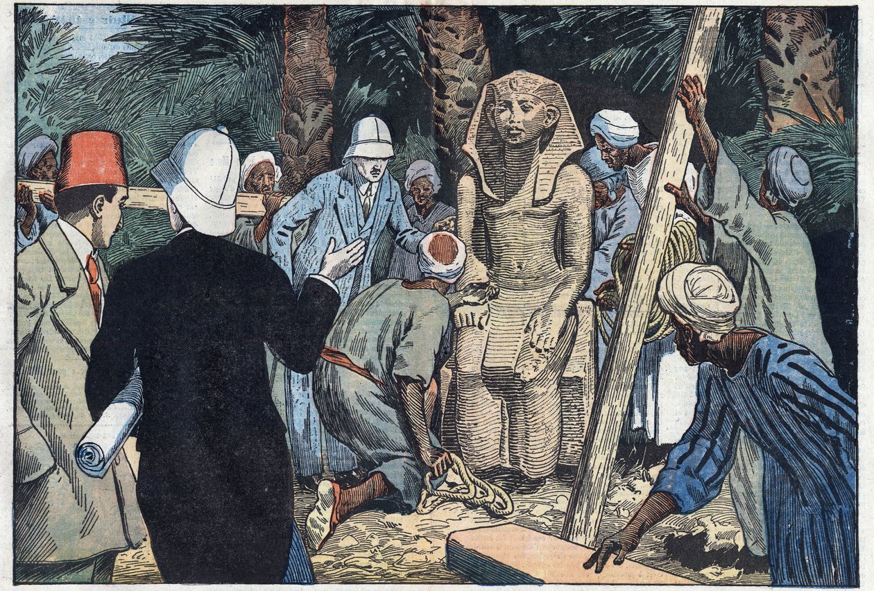 フランスの考古学調査団が、ルーヴル美術館に持ち込まれる予定の10代のセソストリス3世の像を発見。エジプト、古代テーベのメダムード。Damblansのイラスト。11月22日付「ル・ペレラン」紙にて 作： ユージンダンブランス