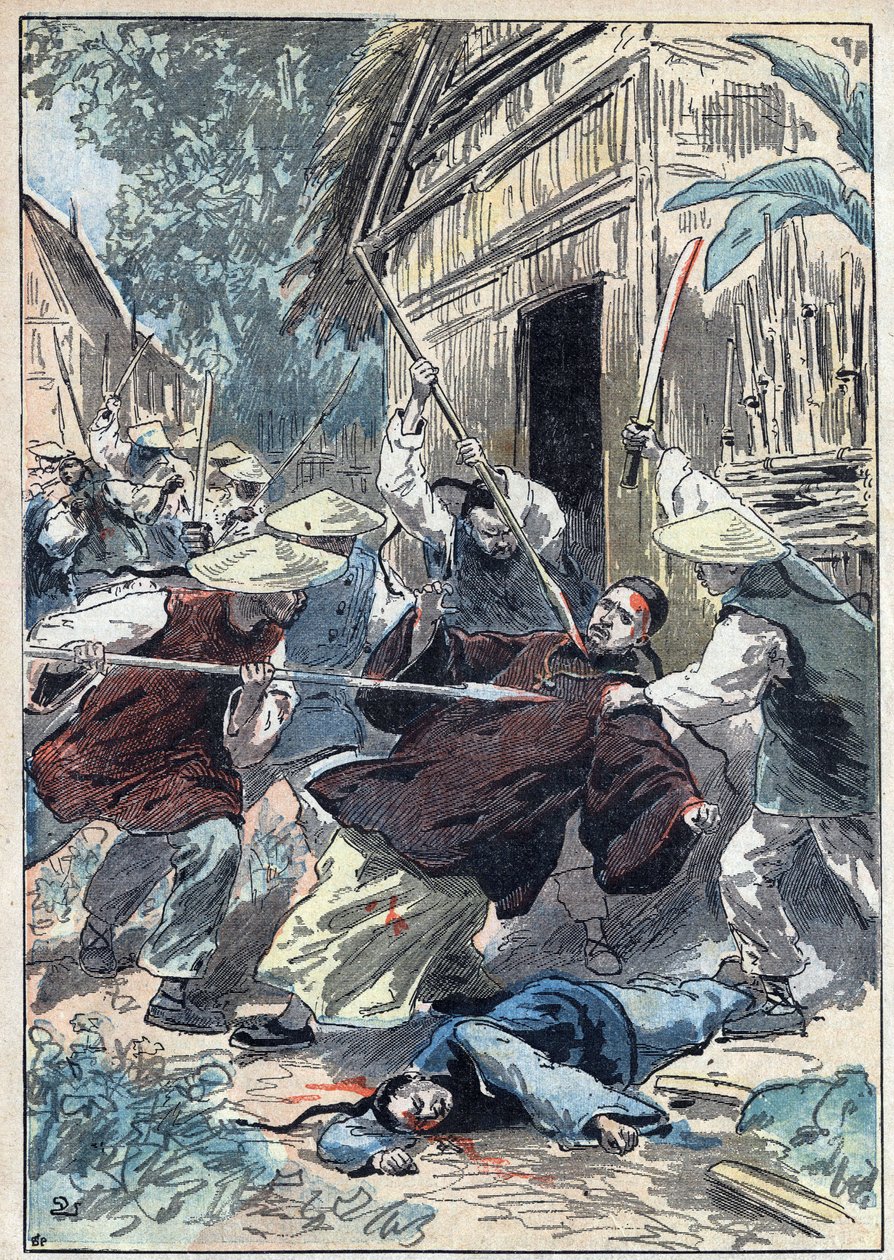 外国人宣教会の司祭であるフランス人のベルソレ（1865-1898）は、1898年4月21日、ユンガンチュー（Yun-Ngan-Cheou）という町の近くで、中国の国防軍に暗殺された。7月10日付「ル・ペレラン」に掲載されたダンブランのイラスト 作： ユージンダンブランス
