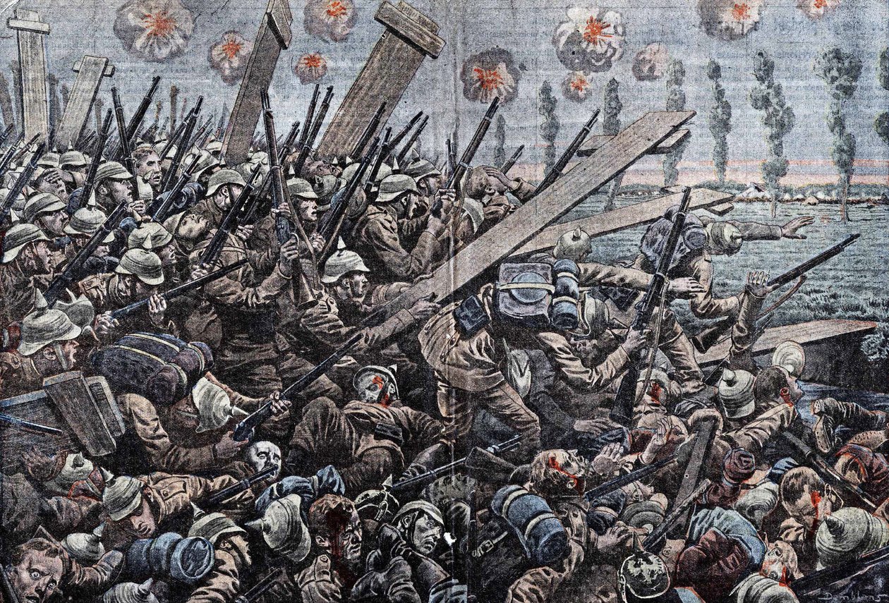 1914-1918年の戦争。1914年のベルギー戦線。イザー川のドイツ兵。Damblansのドローイング。 作： ユージンダンブランス