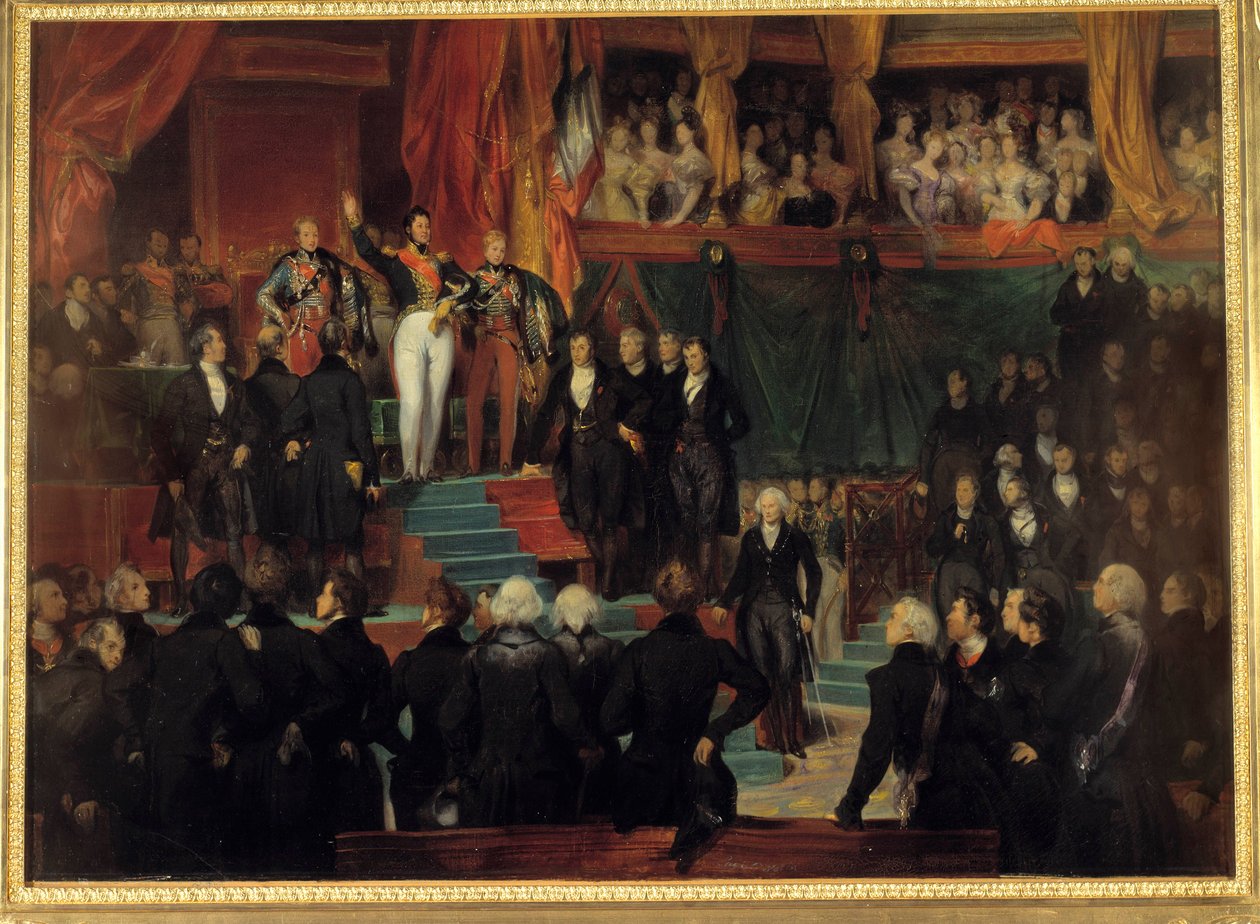 1830年の革命「国王ルイ・フィリップ1世（1773-1850）は、8月9日にブルボン宮の仮設ホールで再会した両院議員の前で、1830年の憲章を維持することを誓った。 作： ユージーンデベリア