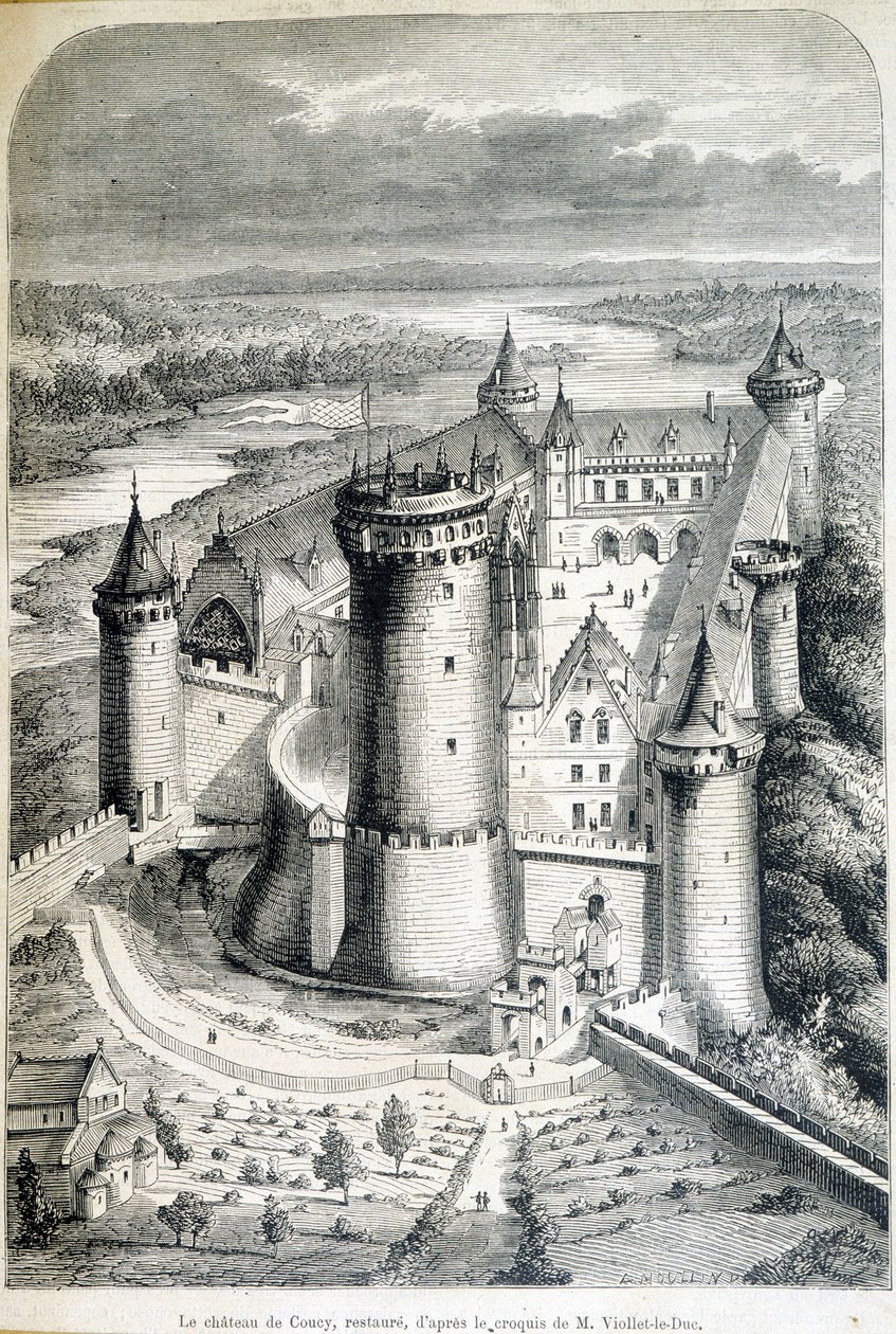 Le chateau de Coucy, restaure - Eugene Viollet-le-Duc (Viollet le Duc) (1814-1879)のスケッチからのエングレーヴィング - 1858年8月5日付の「Le Monde illustrious」。 作： ウジェーヌ・エマニュエル（後）ヴィオレ・ル・デュク