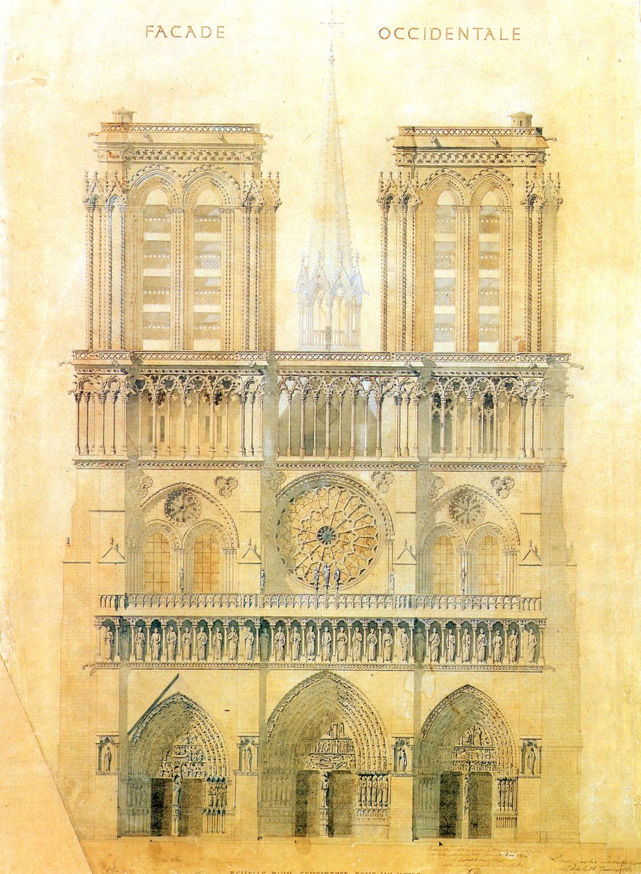 1843年に交差点で尖塔が再建された、パリのノートルダム大聖堂の西側ファサードの修復プロジェクト 作： Eugene Emmanuel Viollet le Duc