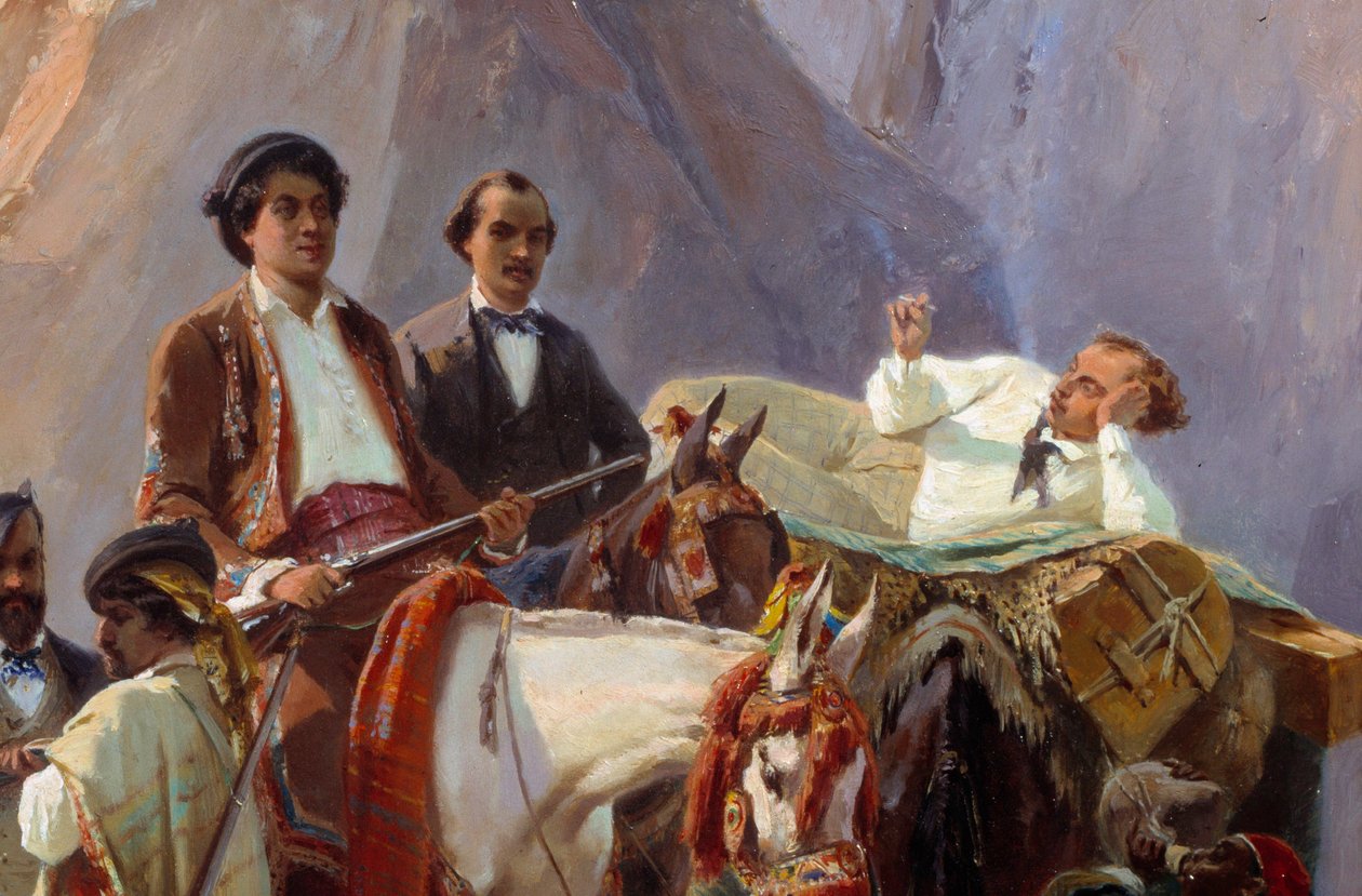 Erinnerung an die Reise von Paris nach Cadiz im Jahr 1846 von Alexandre Dumas und seinen Freunden. Darstellung von Alexandre Dumas, Vater und Sohn, Louis Boulanger, Eugene Giraud, A. Maquet und Desbarolles. (Detail) von Eugene Giraud