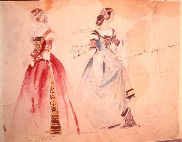 アルフレッド・ド・ミュッセ（1810-1857）の「マリアンヌの気まぐれ」制作時の2つの女性衣装デザイン（水彩・紙） 作： ウジェーヌジロー